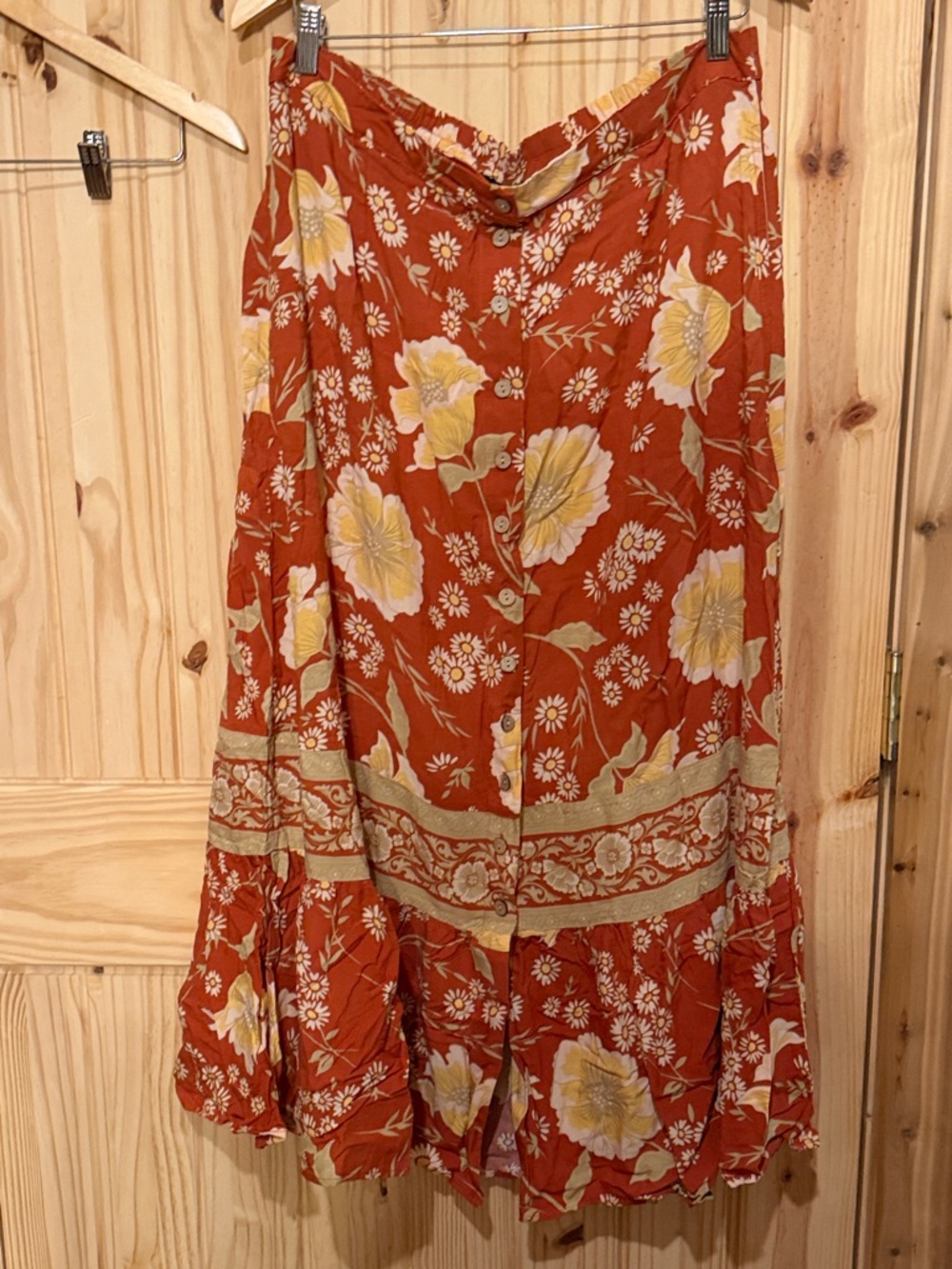 Floral Button-Front Maxi Skirt in Rust & Yellow